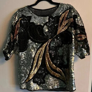 Vintage 70s Sequin Party‎ Top silver, gold and black